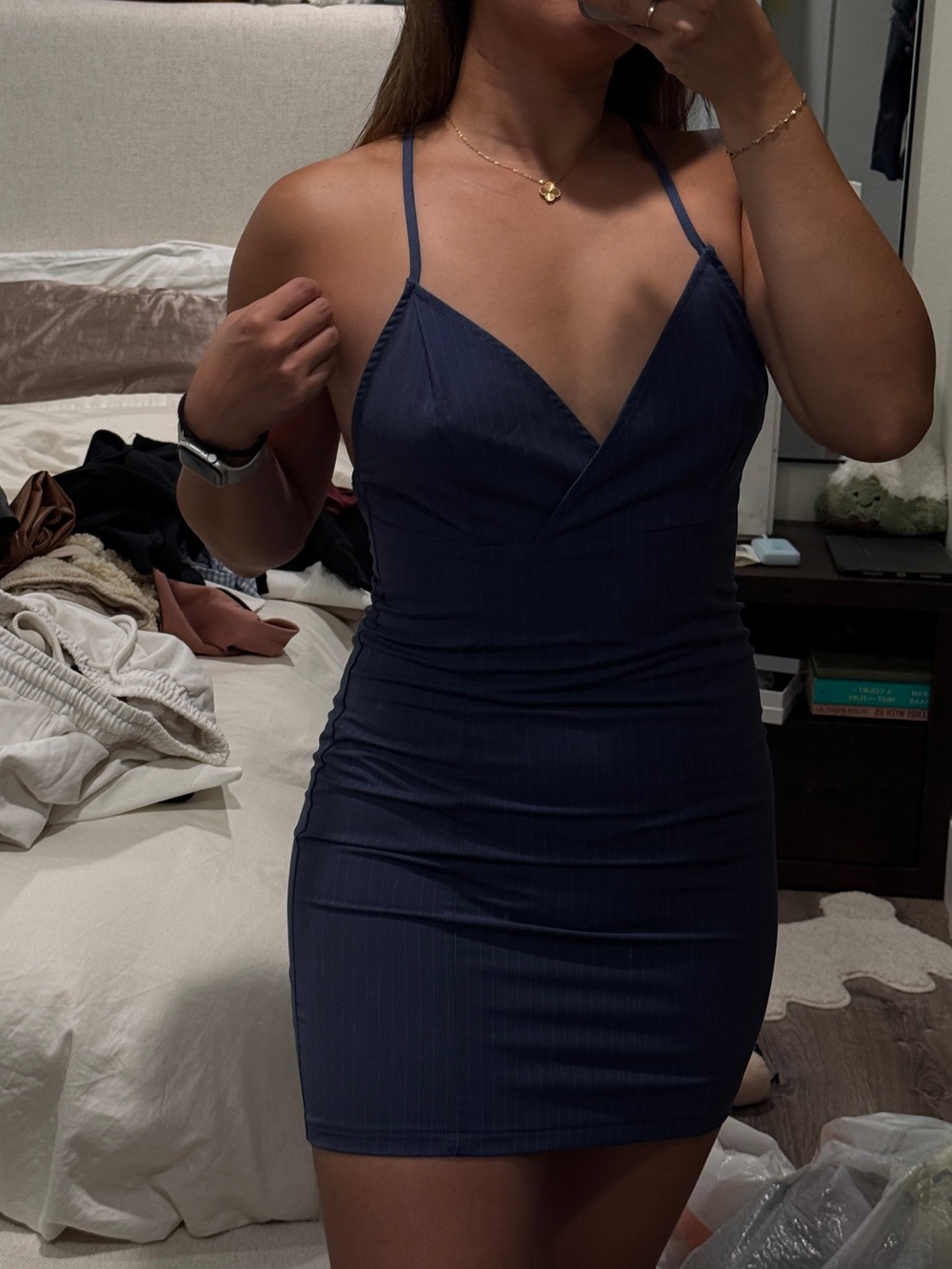 Sexy open back navy pinstripe mini dress